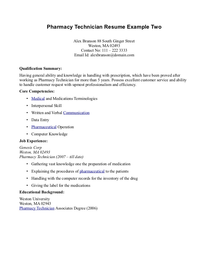 Sample resume for pharmacy technician jobs